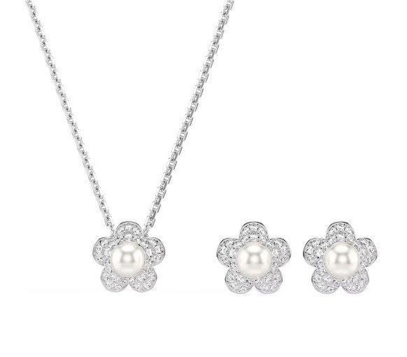 Luxoia - Swarovski x Ariana Grande Parure Perle de cristal Taille ronde Fleur Blanc Métal rhodié - 5749180